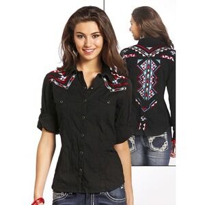 Panhandle Western Retro Shirt Womens Medium Black Embroidered Southwest Cowgirl